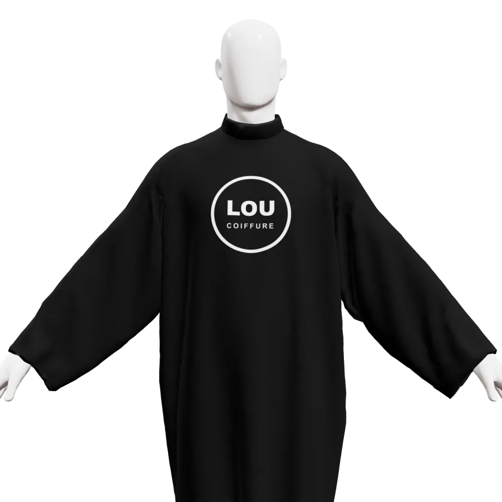 BAT : Le Peignoir noir avec le logo Lou Coiffure en blanc sur la poitrine
